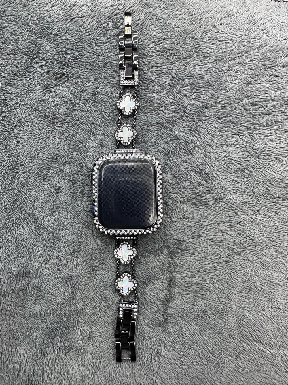Black Decorative Apple Watch Band with Rhinestone Clover Accents
